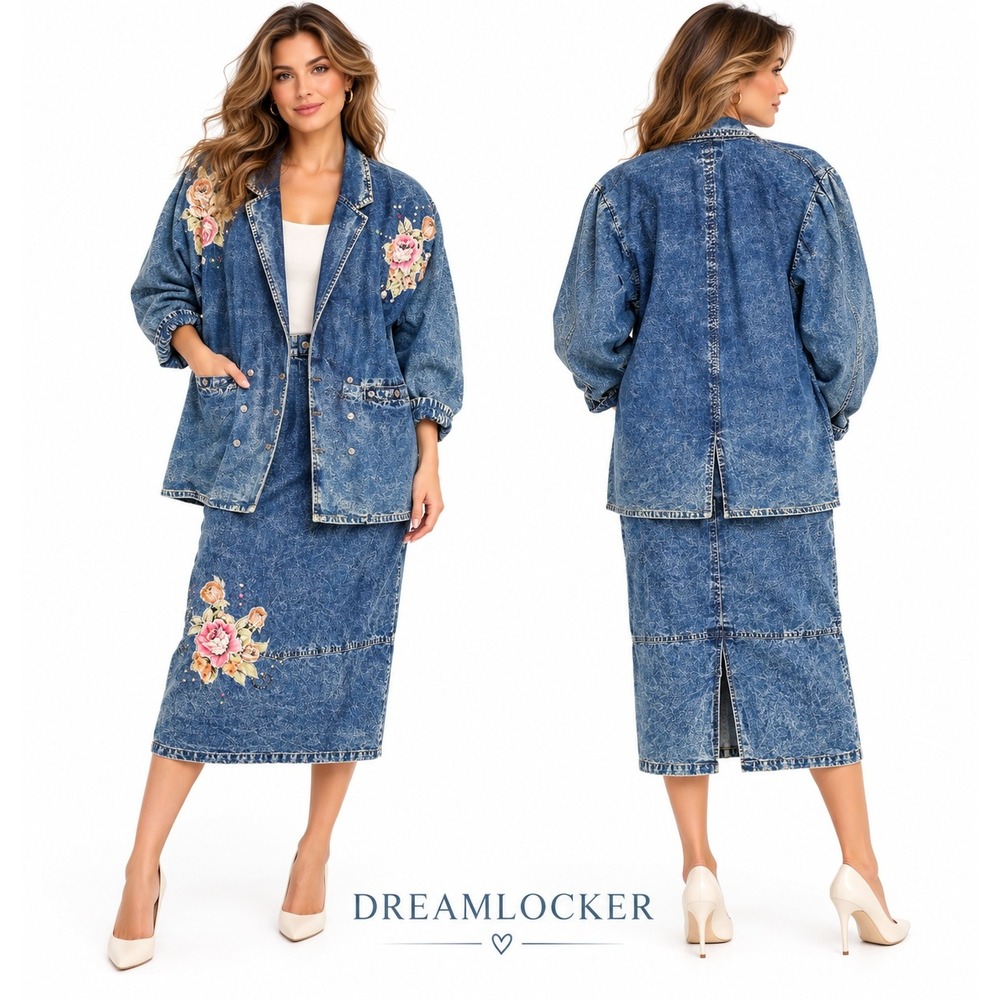Pret Denim Skirt Suit Large Acid Wash Floral Rhinestone 2 Piece Vintage 80s